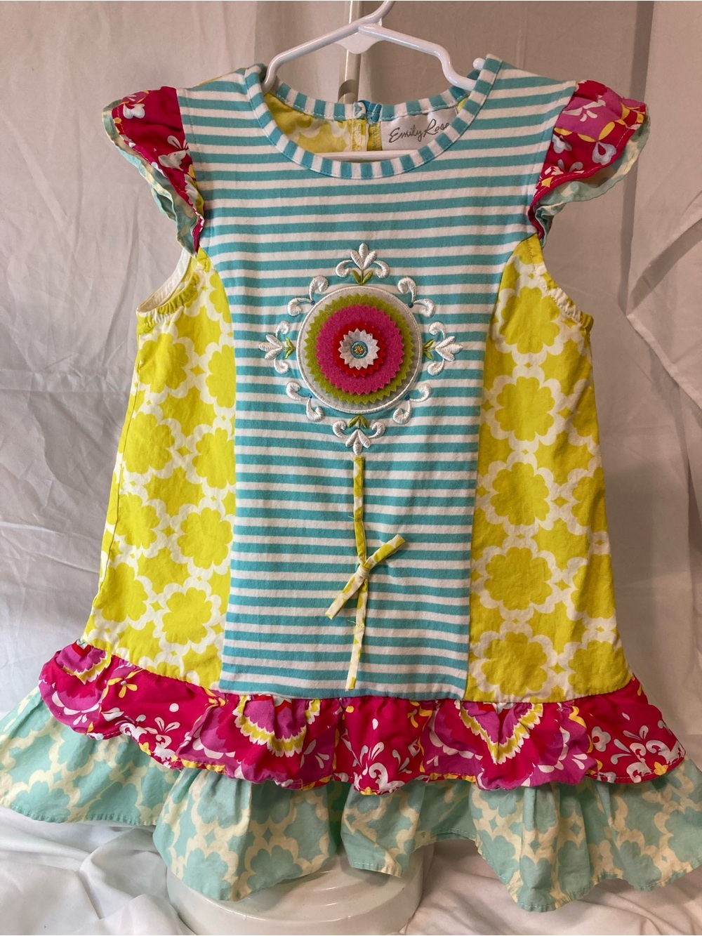 Emily Rose Aqua Striped Floral Panel Girls Dress with Yellow & Pink Accents